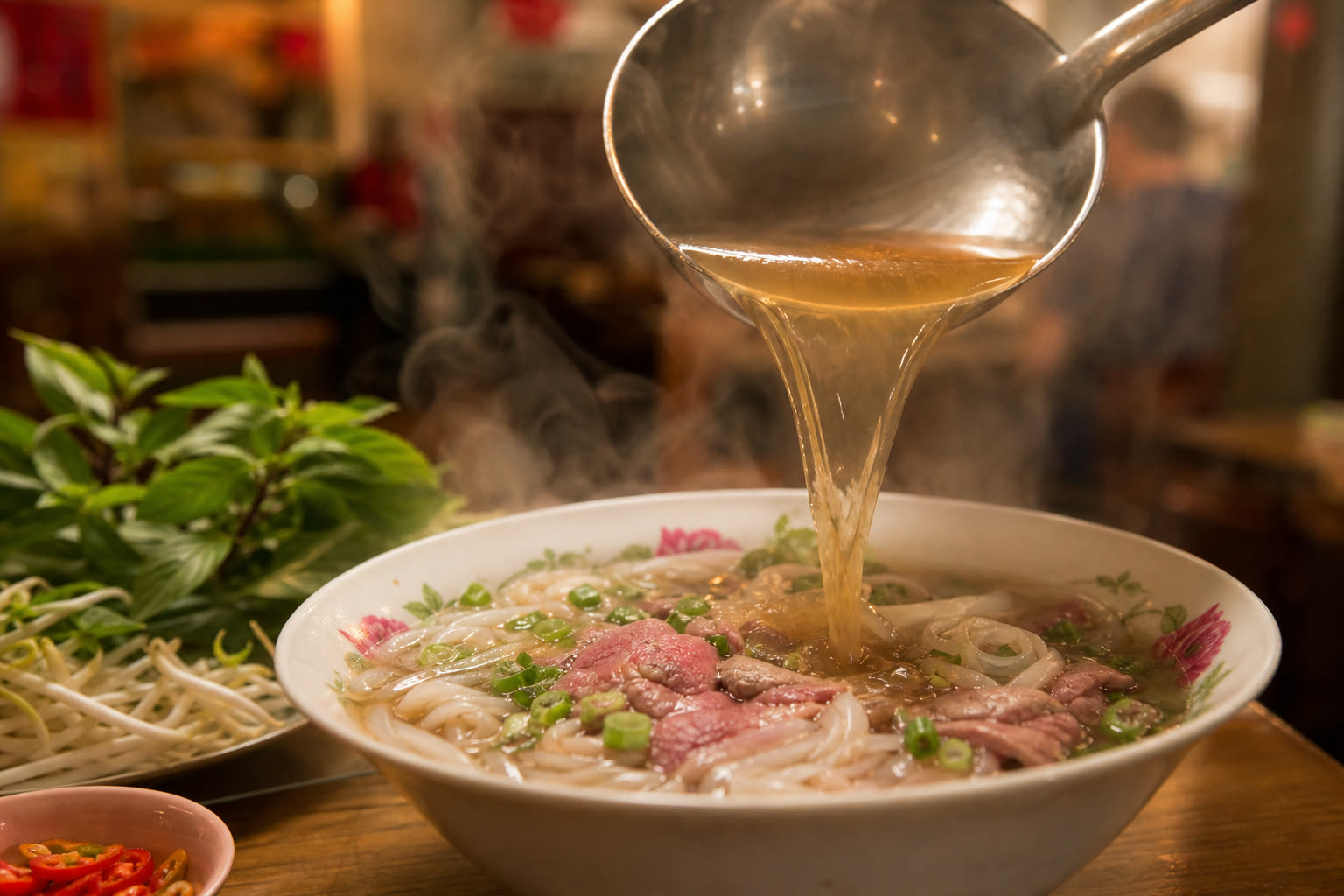 Hot pho broth being ladled into a bowl of noodles and rare beef, steam rising