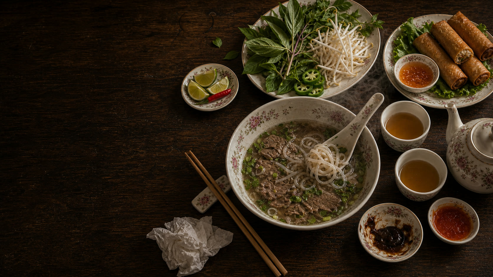 A family pho dinner mid-meal on floral china — noodles lifted on a spoon, herb plate, egg rolls and tea on a worn walnut table